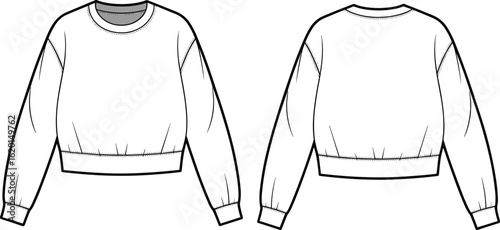 Cropped crewneck sweatshirt flat sketch, front and back vector template for fashion design, apparel CAD drawing, and tech pack