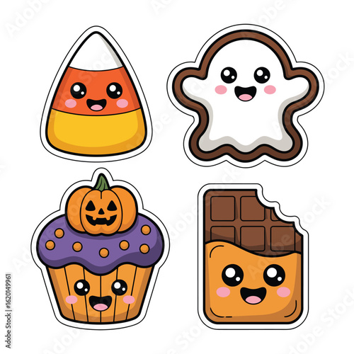 Cute Halloween vector illustration of Cute Halloween Treats: Candy Corn, Ghost, Cupcake, Chocolate Bar Clipart