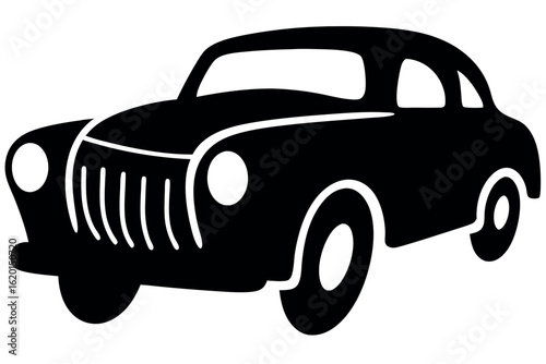 A solid black vintage car with large headlights is displayed on white