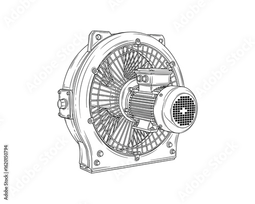 Detailed Illustration of Centrifugal Blower with Motor, Industrial Fan, Air Moving Equipment, Vector Illustration