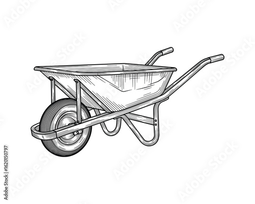 Detailed illustration of a metal wheelbarrow, gardening equipment for soil or compost, Vector Illustration.