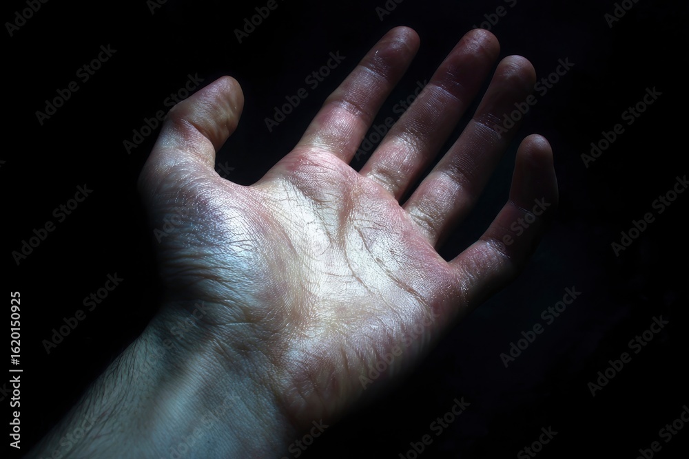 Fototapeta premium An open human hand palm facing up is dramatically lit against a dark background emphasizing its texture and wrinkles