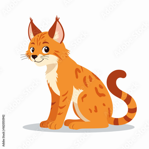 Cute lynx illustration with charming orange fur and distinctive spots, showcasing playful personality. Adorable lynx character with expressive eyes and cute ears sitting calmly on white background.