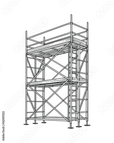 Detailed scaffolding construction structure, construction site metal framework equipment Vector Illustration.