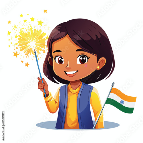 Cartoon illustration of a smiling Indian girl holding a sparkler and a flag