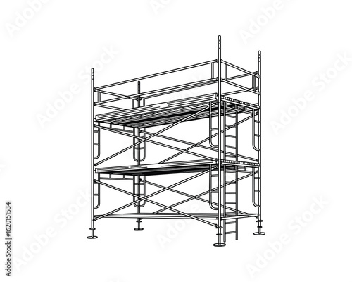 Detailed Scaffolding Structure Outline, Construction Support System, Building Framework, Metal Material, Vector Illustration