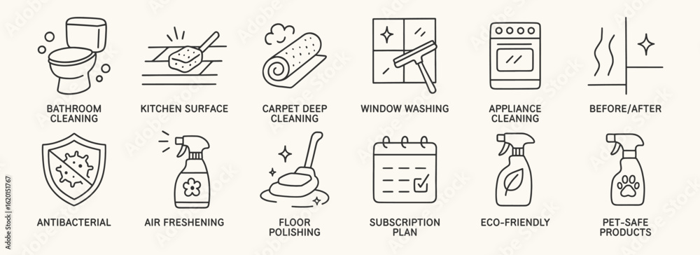 Home cleaning doodle icon set. Cute hand drawn illustrations of bathroom, kitchen, carpet, spray, window, eco-friendly products. Black and white cartoon art for hygiene and house care. Home cleaning doodle icon set. Cute hand drawn illustrations of bathroom, kitchen, carpet, spray, window, eco-friendly products. Black and white cartoon art for hygiene and house care.