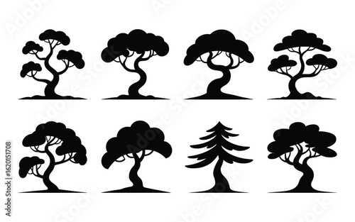 Set of Bonsai Tree Silhouettes Vector: Stylized Miniature Trees, Zen Garden Elements, Nature & Landscape Graphics