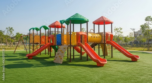 Colorful playground equipment on artificial turf