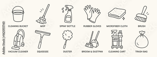 Cleaning tools doodle icon set. Cute hand drawn illustrations of mop, bucket, vacuum, gloves, spray, broom, dustpan. Black and white cartoon art for housekeeping themes.