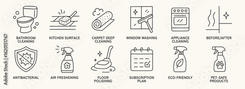 Home cleaning doodle icon set. Cute hand drawn illustrations of bathroom, kitchen, carpet, spray, window, eco-friendly products. Black and white cartoon art for hygiene and house care.