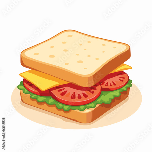 Fresh sandwich with sliced tomatoes, lettuce, and cheese between two pieces of bread. Delicious sandwich features fresh ingredients, perfect for a quick lunch or snack.