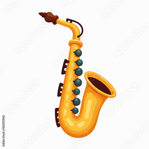 Bright yellow saxophone illustration with detailed keys and mouthpiece, showcasing musical instrument design. Colorful saxophone concept suitable for music-related projects, advertisements,