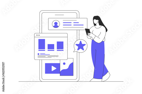 Digital marketing. Woman creating advertising content for clients attract for online business communication. Flat Cartoon Vector Illustration, icon Stylish abstract design landing page