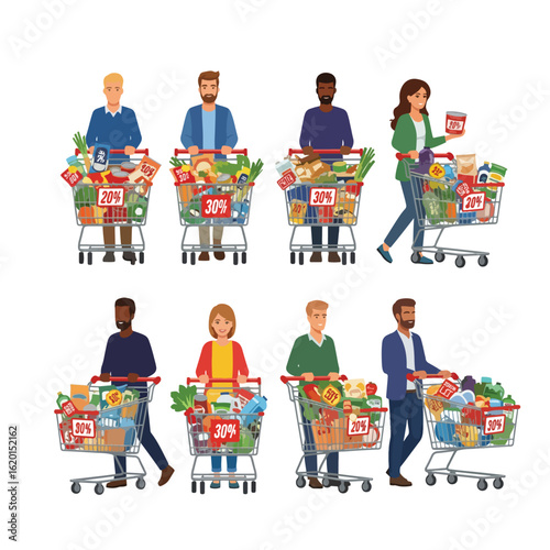 Shoppers with Discounted Groceries in Carts