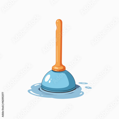 Plunger on white background with water pool around. Plunger features bright colors, designed for effective unclogging. Concept of plumbing tools and bathroom maintenance solutions for homeowners.