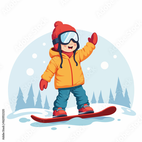 Cheerful child snowboarding in winter landscape with snow-covered trees. Young snowboarder wears protective gear and enjoys outdoor activity in snowy conditions.