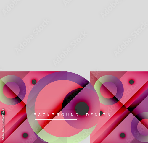 Abstract geometric shapes, vibrant colors, modern design. Circles, squares overlap creating dynamic visual effect. Gray top section contrasts bottom.