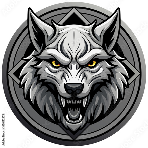 Foto Stylized illustration of a fierce wolf’s head with sharp teeth, glowing yellow eyes, and aggressive expression
