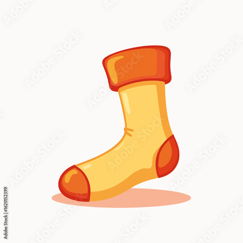 Colorful sock with orange accents stands on a neutral background. Stylish sock design features a cozy texture perfect for casual wear, elevating daily wardrobe. Concept of playful clothing choices.