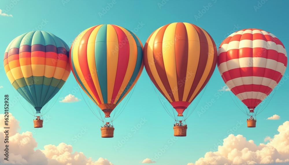 Obraz premium Four colorful hot air balloons ascend into bright blue sky dotted with fluffy clouds. Balloons feature striped patterns in vibrant reds, yellows, blues, greens. Basket carries passengers on aerial
