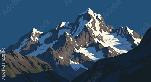 Stylized Mountain Range Illustration with Snow Capped Peaks and Blue Sky