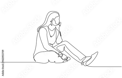 Continuous one line drawing of a young woman feeling sad, tired and worried about mental health depression. Editable outline