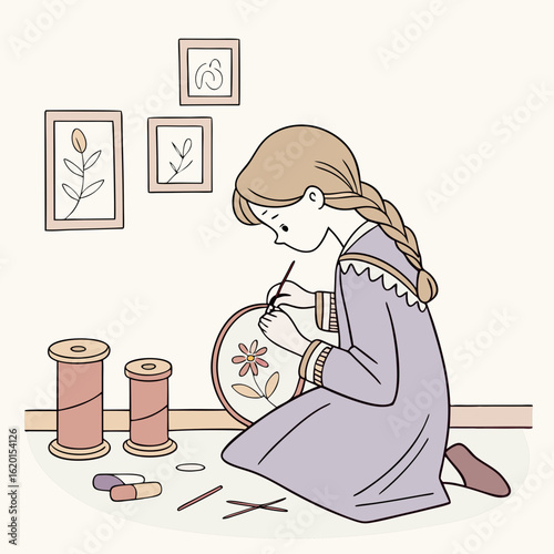 Girl Embroidering Floral Design with Needle and Thread – Peaceful Handcraft and Creative Hobby Illustration in a Cozy Home Setting

