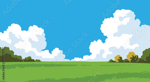 Cartoon Landscape with Green Field Blue Sky and Fluffy White Clouds