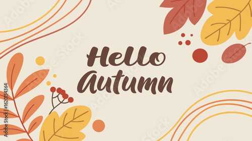 Hello Autumn Illustration with Fall Leaves and Berries on Beige Background, Seasonal Greeting Card Design for Thanksgiving and Harvest Celebrations