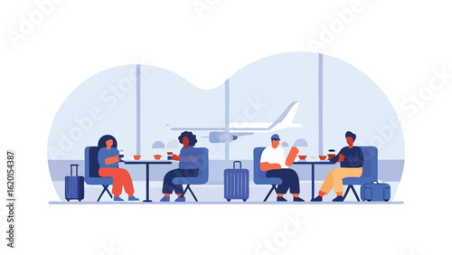 People are sitting at tables in an airport lounge with an airplane visible through the window scene view
