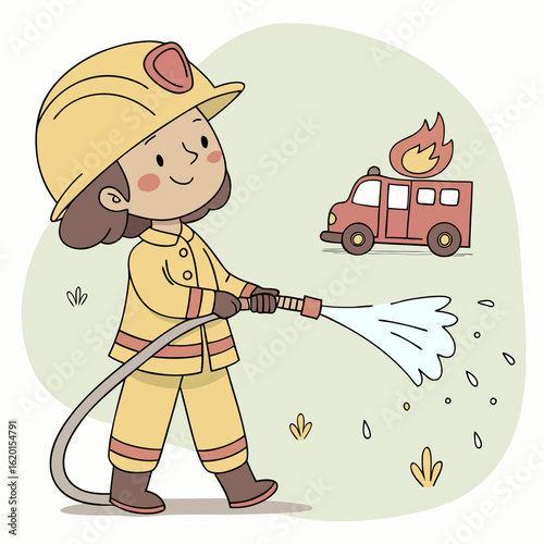 Cartoon Firefighter with Hose and Fire Truck – Whimsical Fire Safety Illustration for Kids

