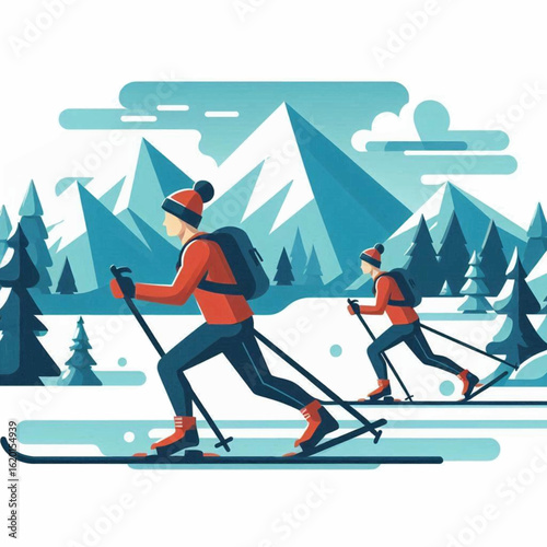 Two skiers crosscountry skiing on a snowy trail with mountains and trees in the background