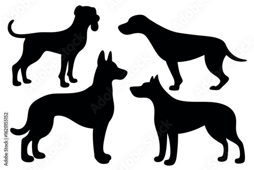 Four black dog breed silhouettes stand against a stark transparent background here