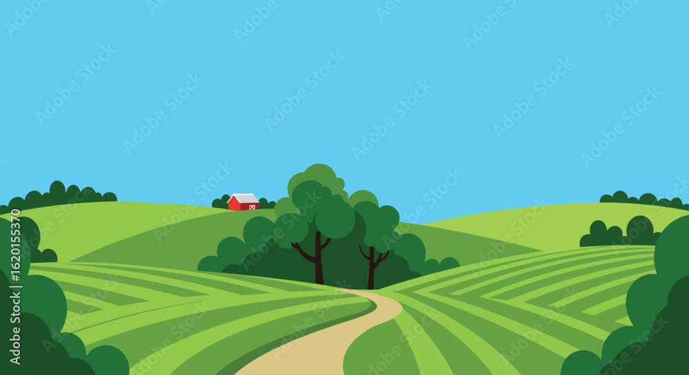 Obraz premium Cartoon Farm Landscape with Red Barn Green Fields Trees and Blue Sky