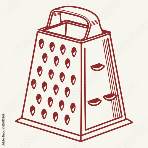 Red grater on a cream background, kitchen utensil for grating cheese, vegetables