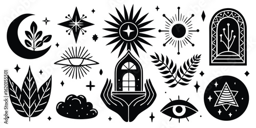 Black and white mystical celestial design elements collection for spiritual concepts and occult practices