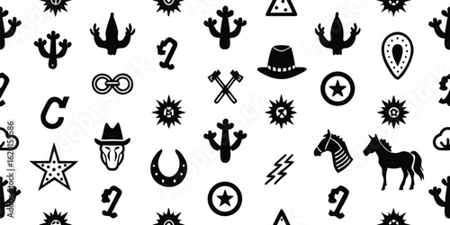 Black and white western cowboy themed seamless pattern with cactus horseshoes and stars