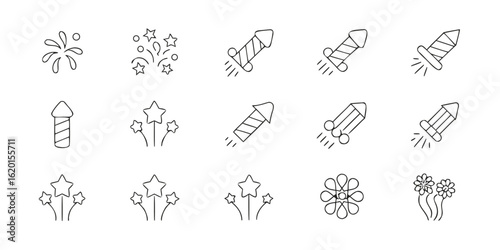 Fireworks and celebration doodle icons collection of festive pyrotechnics and celebratory elements for holiday designs