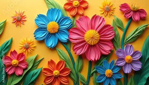 Bright, colorful paper quilling art illustration features vibrant flowers, leaves in blue, pink, orange, purple, yellow. Hand-made craft intricate floral designs on bright yellow background, perfect