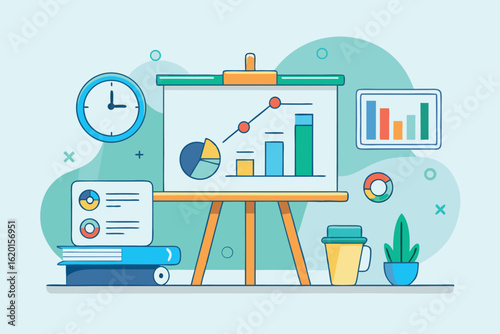 Business presentation with charts and graphs isolated on white background