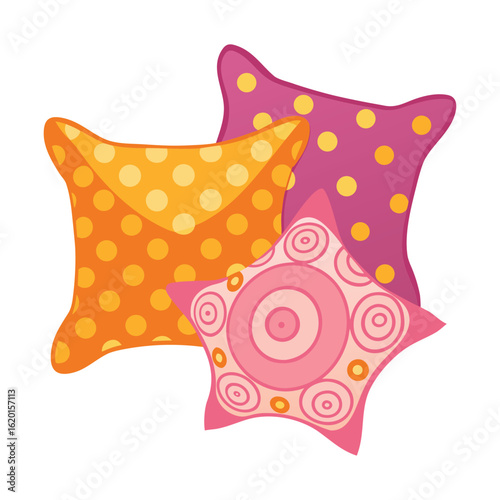 Three patterned pillows orange pink purple cushion