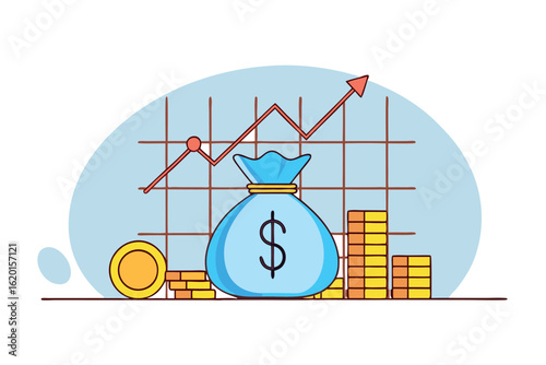 Rising red arrow passes money bag and golden coins against the grid