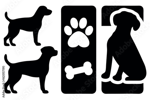 Several canine icons show various dog positions, plus a bone and paw print, on transparent background