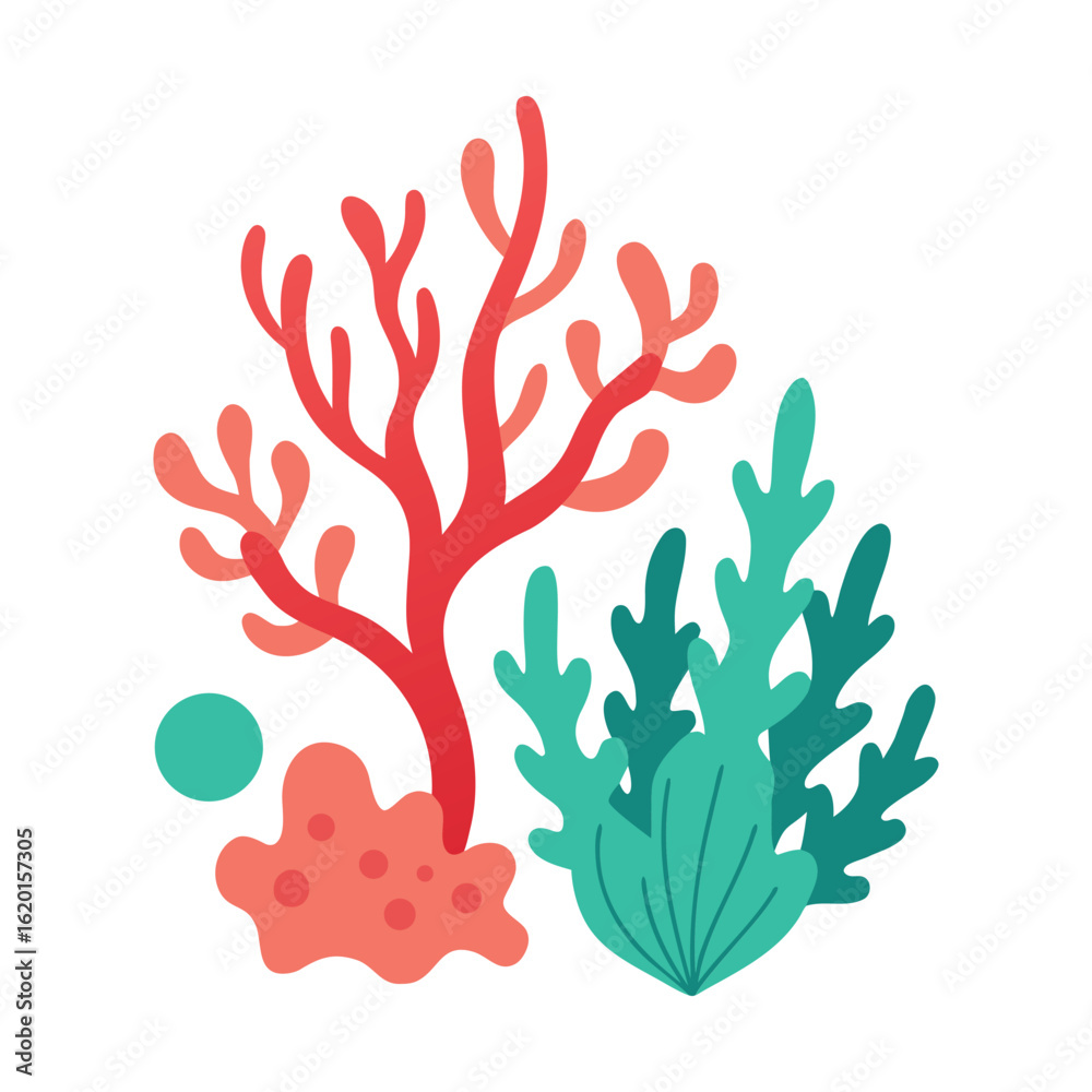 Fototapeta premium Red and teal coral and seaweed illustrations ocean
