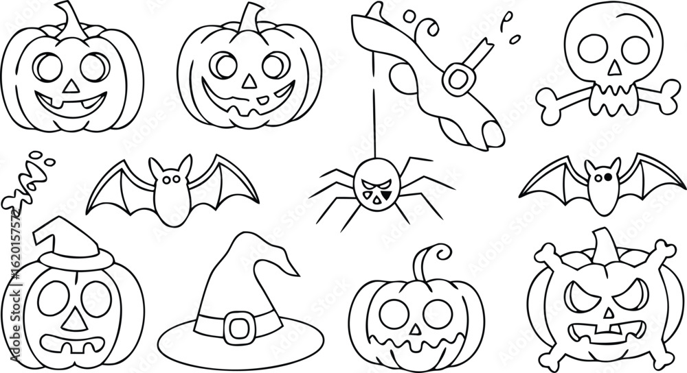 Obraz premium Halloween Outline Icons Pumpkins, Bat, Skull, Witch Hat, Spider, and Spooky Elements