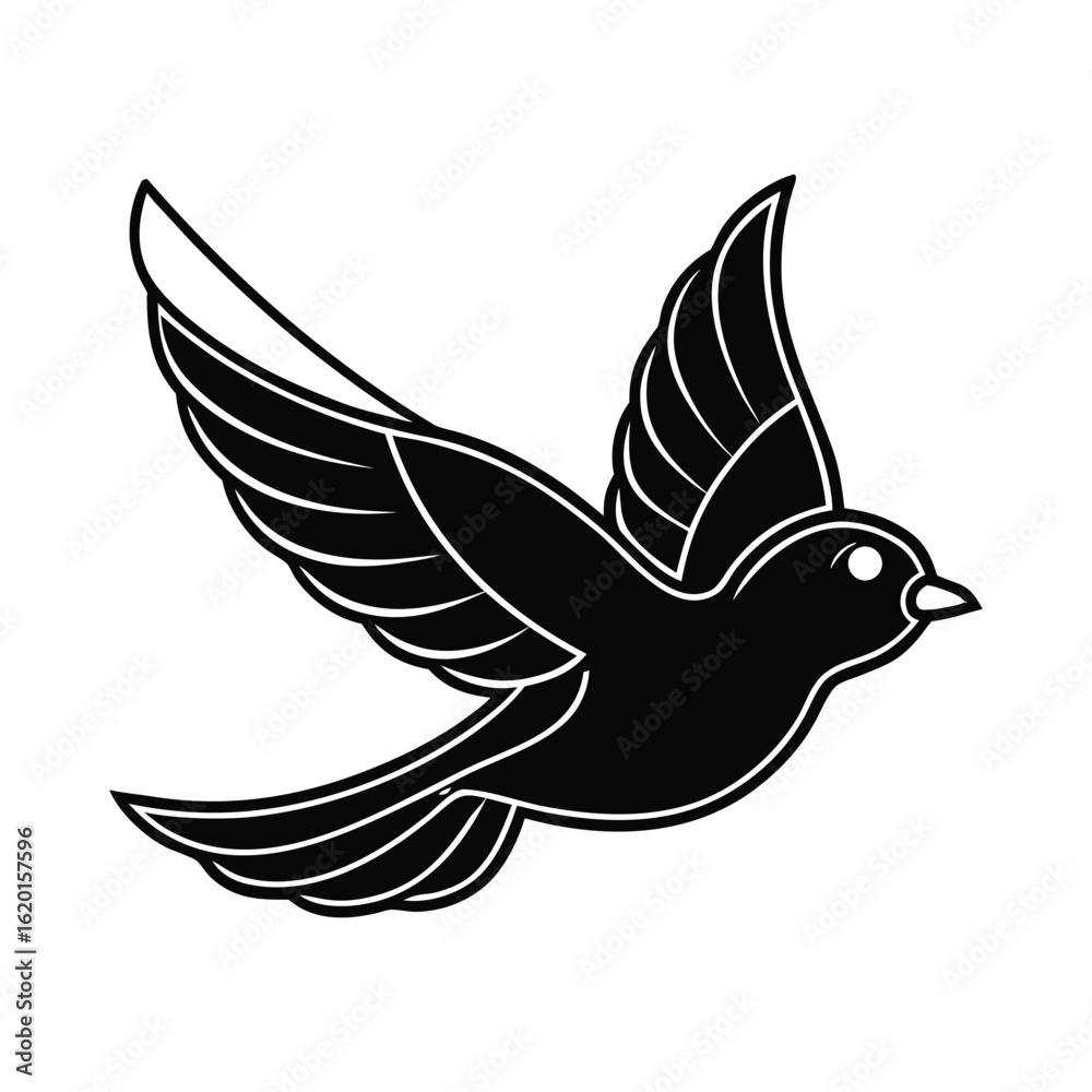 Obraz premium Black bird in flight with white outline on white background