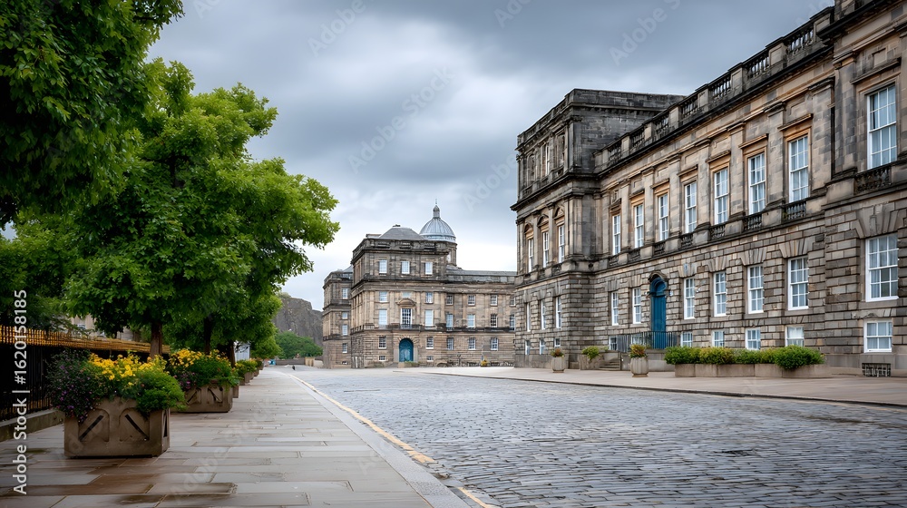 Fototapeta premium Historic buildings lining a quiet cobblestone street under a moody gray sky in Edinburgh, Scotland