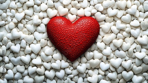 Red Heart Shaped Stone Surrounded By White Pebbles On Textured Background