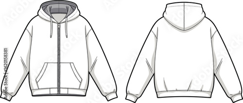 Unisex zip hoodie front and back, flat sketch hoodie, fashion CAD template, zip-up sweatshirt drawing, hoodie vector design